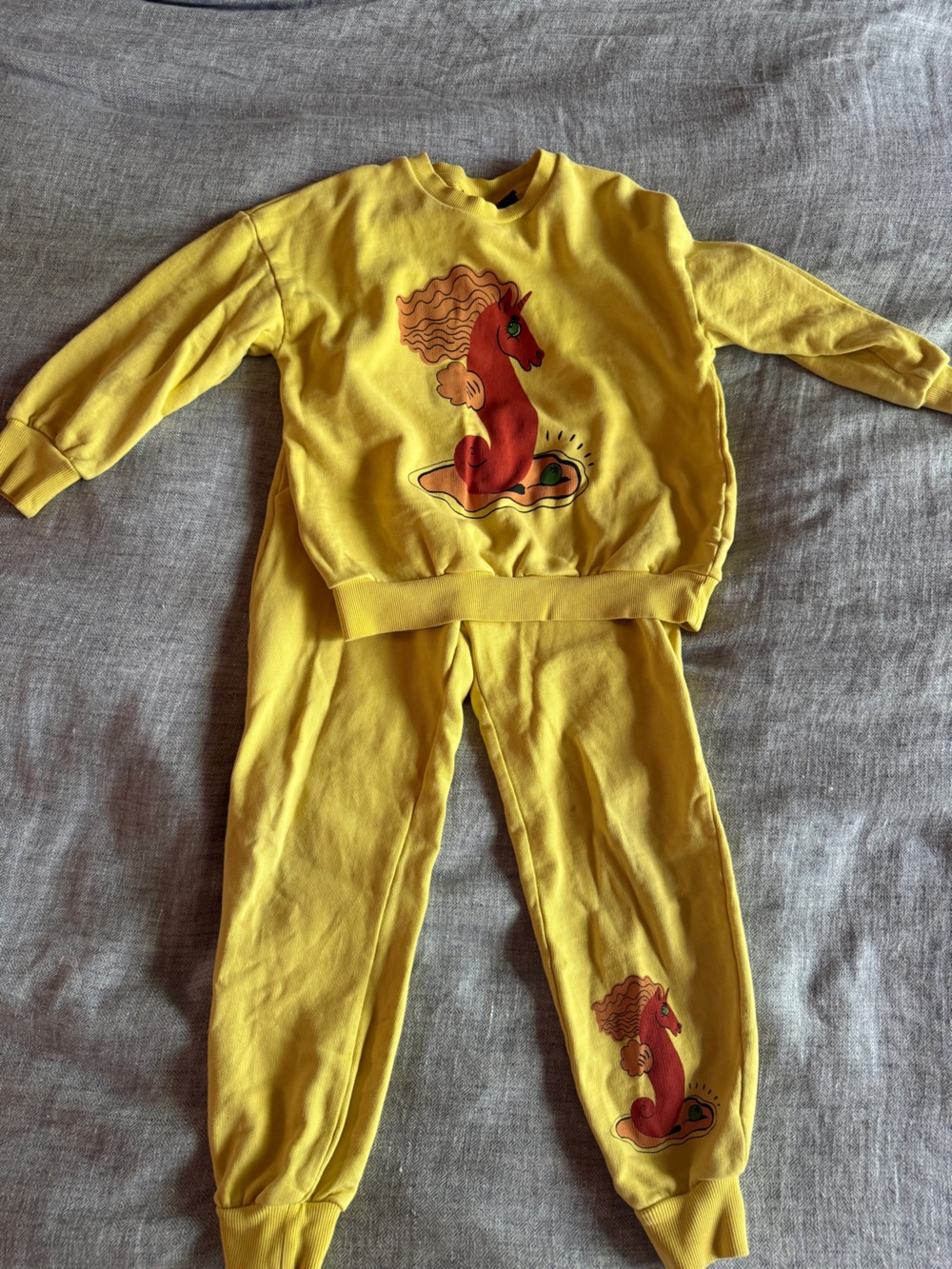Mini Rodini Yellow Sweatshirt and Joggers Set with Red Seahorse Motif
